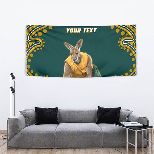Personalized Kookaburras Field Hockey Kangaroo Tapestry Indigenous Australian Dot Art Style In Green And Gold