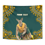 Personalized Kookaburras Field Hockey Kangaroo Tapestry Indigenous Australian Dot Art Style In Green And Gold
