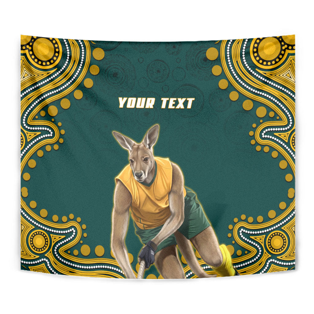 Personalized Kookaburras Field Hockey Kangaroo Tapestry Indigenous Australian Dot Art Style In Green And Gold