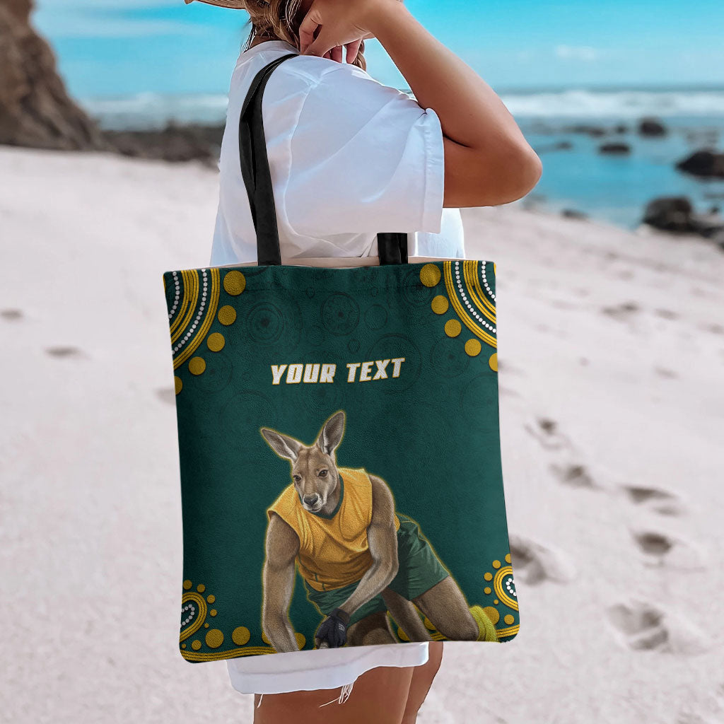 Personalized Kookaburras Field Hockey Kangaroo Tote Bag Indigenous Australian Dot Art Style In Green And Gold