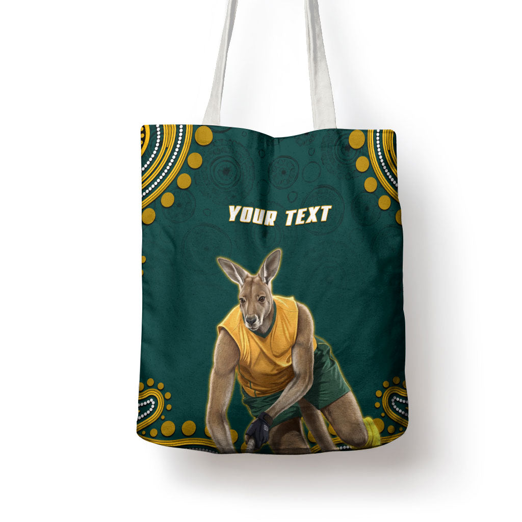 Personalized Kookaburras Field Hockey Kangaroo Tote Bag Indigenous Australian Dot Art Style In Green And Gold