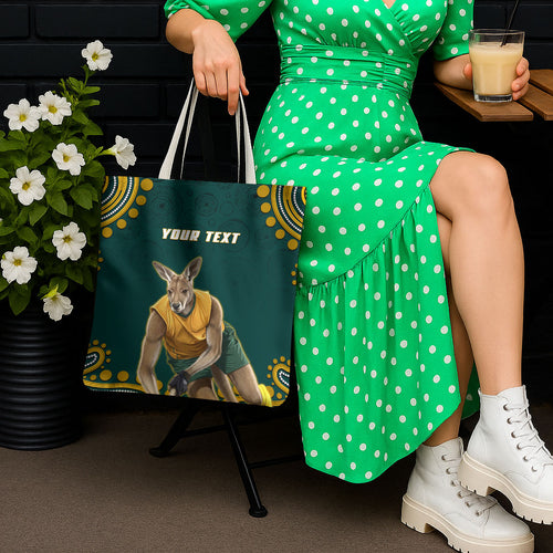 Personalized Kookaburras Field Hockey Kangaroo Tote Bag Indigenous Australian Dot Art Style In Green And Gold