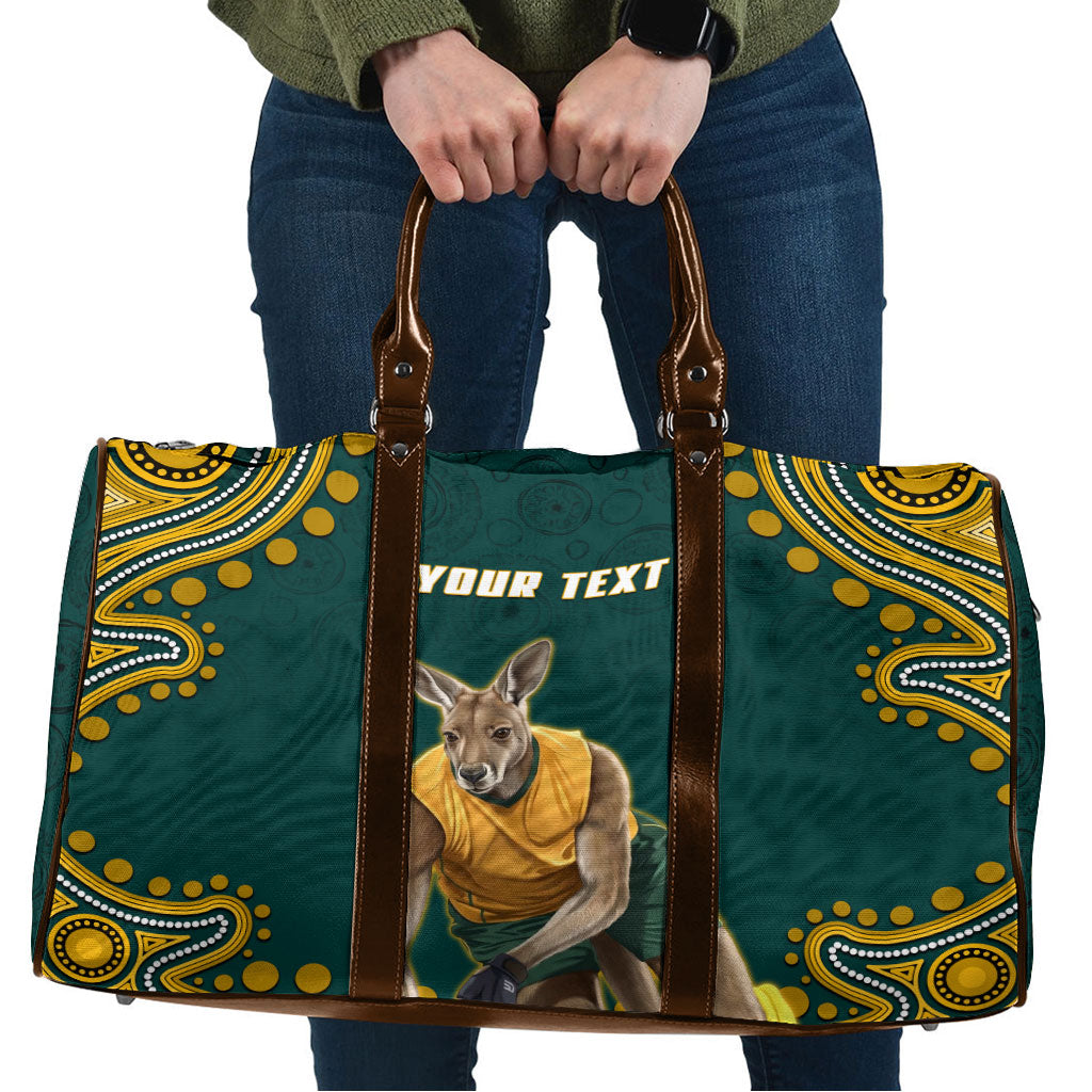 Personalized Kookaburras Field Hockey Kangaroo Travel Bag Indigenous Australian Dot Art Style In Green And Gold