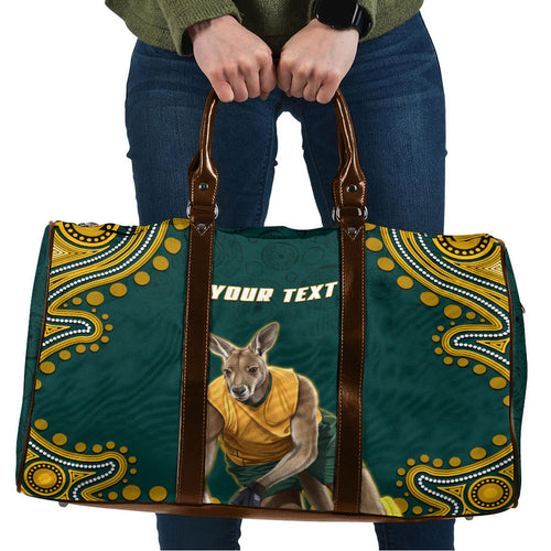 Personalized Kookaburras Field Hockey Kangaroo Travel Bag Indigenous Australian Dot Art Style In Green And Gold