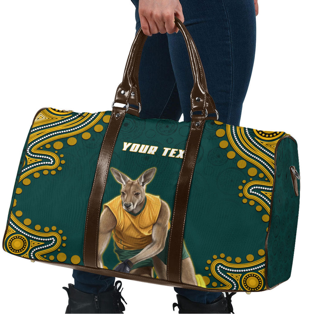 Personalized Kookaburras Field Hockey Kangaroo Travel Bag Indigenous Australian Dot Art Style In Green And Gold
