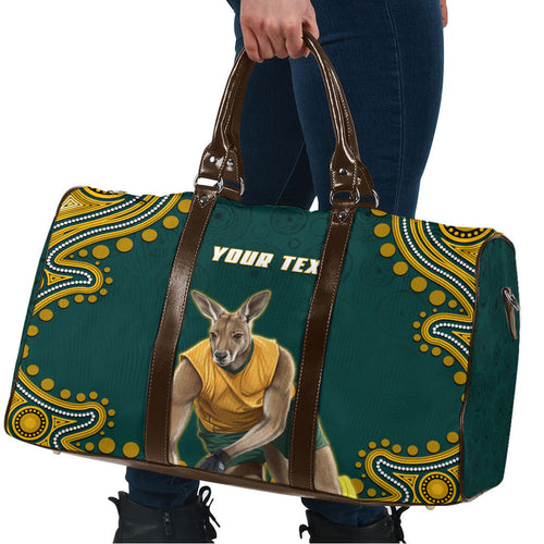 Personalized Kookaburras Field Hockey Kangaroo Travel Bag Indigenous Australian Dot Art Style In Green And Gold