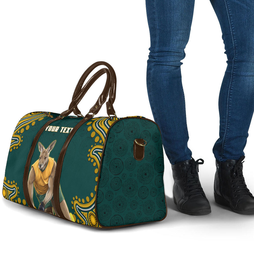 Personalized Kookaburras Field Hockey Kangaroo Travel Bag Indigenous Australian Dot Art Style In Green And Gold