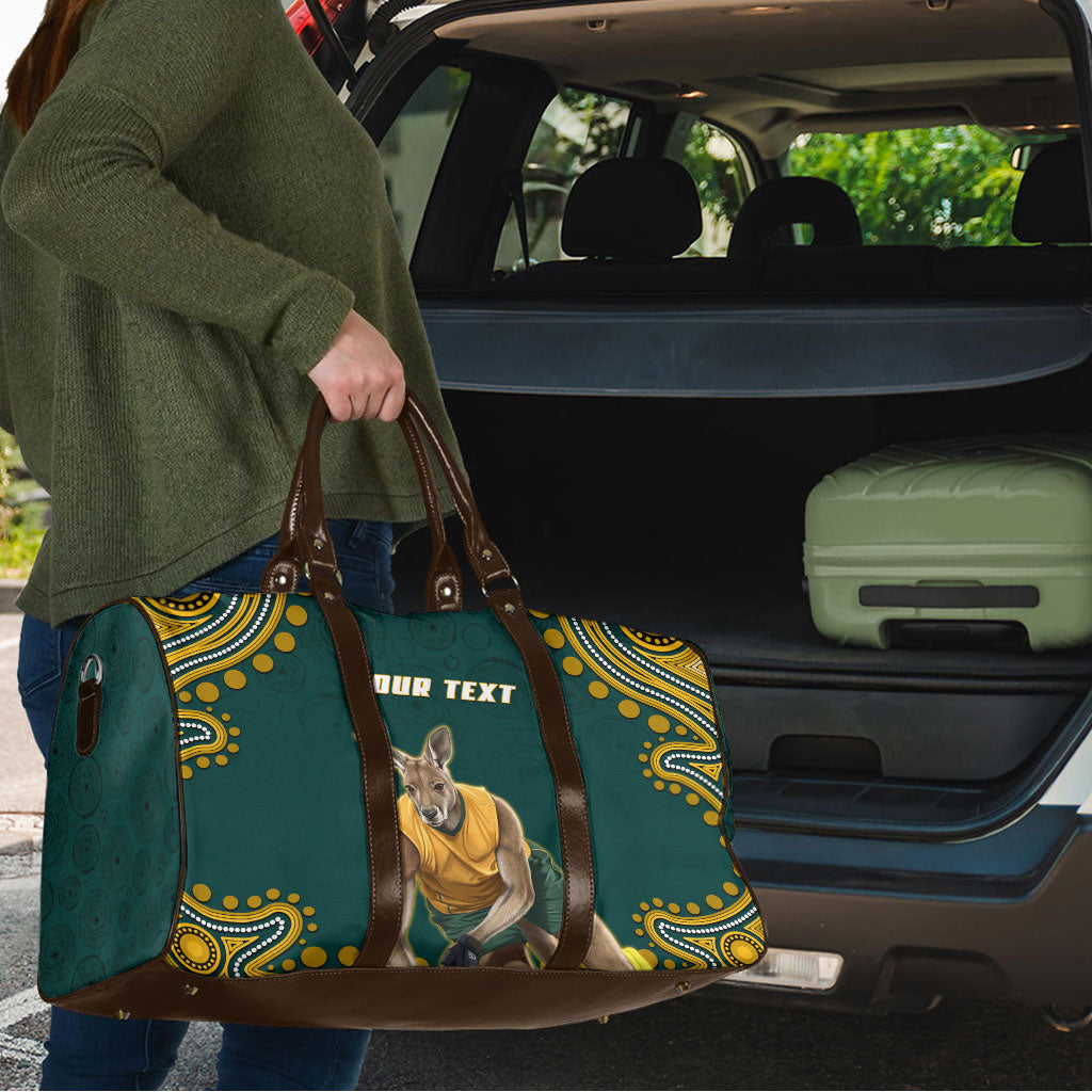 Personalized Kookaburras Field Hockey Kangaroo Travel Bag Indigenous Australian Dot Art Style In Green And Gold