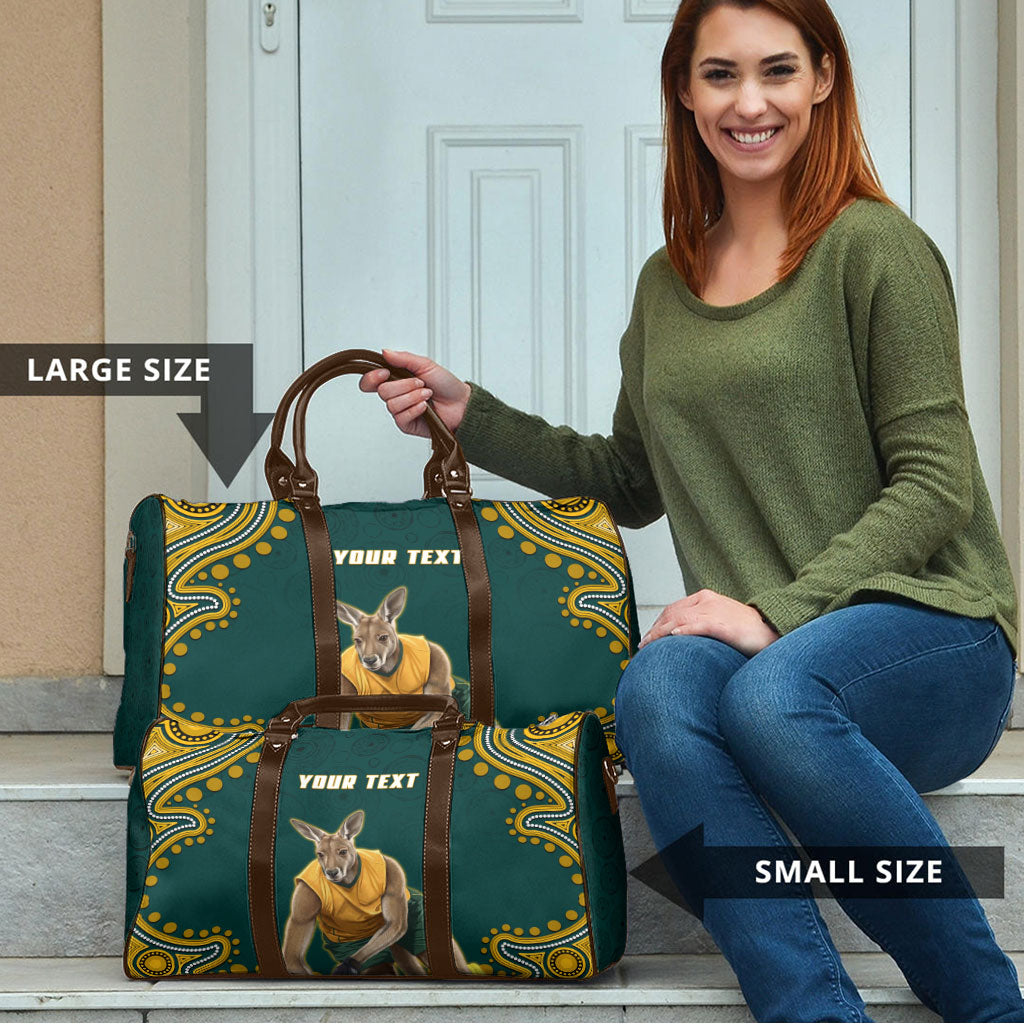 Personalized Kookaburras Field Hockey Kangaroo Travel Bag Indigenous Australian Dot Art Style In Green And Gold