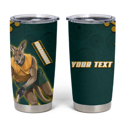 Personalized Kookaburras Field Hockey Kangaroo Tumbler Cup Indigenous Australian Dot Art Style In Green And Gold
