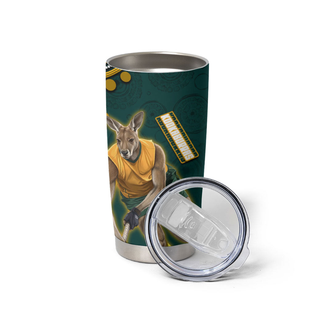 Personalized Kookaburras Field Hockey Kangaroo Tumbler Cup Indigenous Australian Dot Art Style In Green And Gold