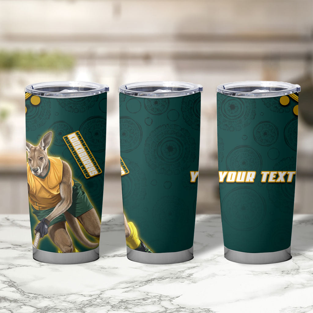 Personalized Kookaburras Field Hockey Kangaroo Tumbler Cup Indigenous Australian Dot Art Style In Green And Gold