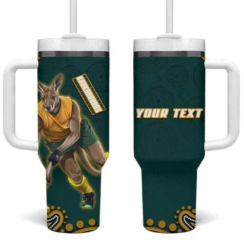 Personalized Kookaburras Field Hockey Kangaroo Tumbler With Handle Indigenous Australian Dot Art Style In Green And Gold