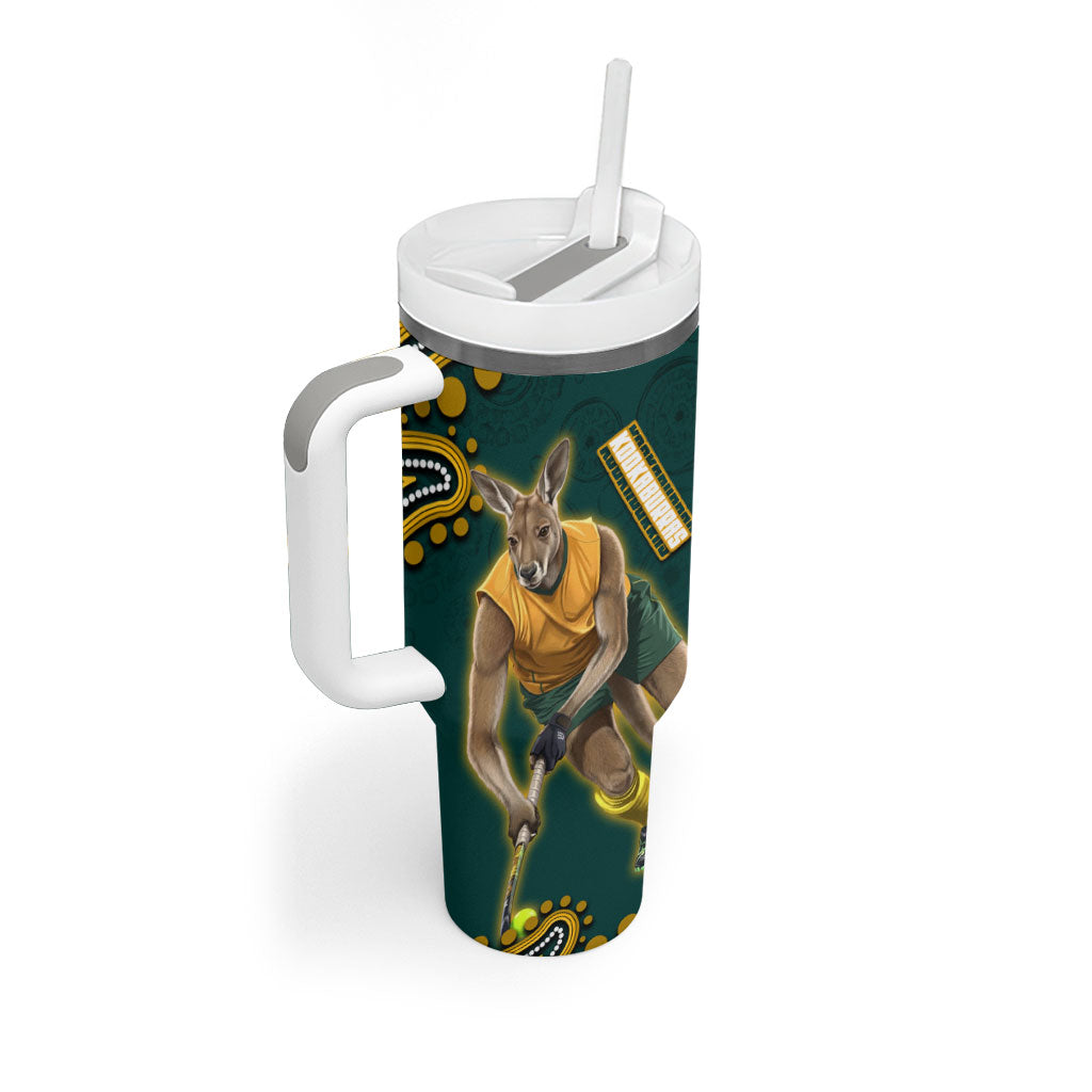 Personalized Kookaburras Field Hockey Kangaroo Tumbler With Handle Indigenous Australian Dot Art Style In Green And Gold