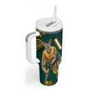 Personalized Kookaburras Field Hockey Kangaroo Tumbler With Handle Indigenous Australian Dot Art Style In Green And Gold