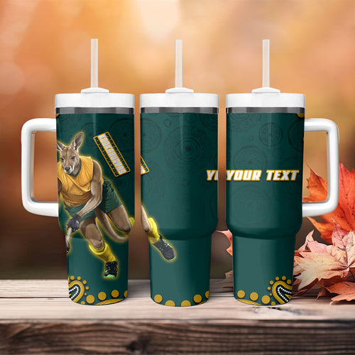 Personalized Kookaburras Field Hockey Kangaroo Tumbler With Handle Indigenous Australian Dot Art Style In Green And Gold