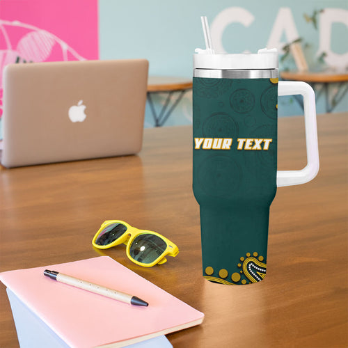 Personalized Kookaburras Field Hockey Kangaroo Tumbler With Handle Indigenous Australian Dot Art Style In Green And Gold