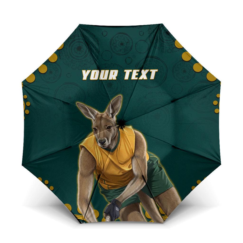 Personalized Kookaburras Field Hockey Kangaroo Umbrella Indigenous Australian Dot Art Style In Green And Gold