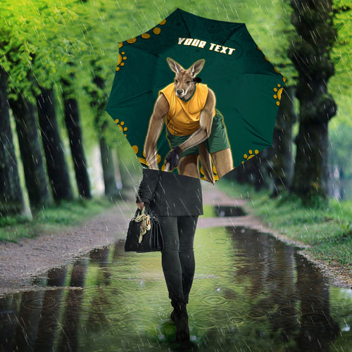 Personalized Kookaburras Field Hockey Kangaroo Umbrella Indigenous Australian Dot Art Style In Green And Gold