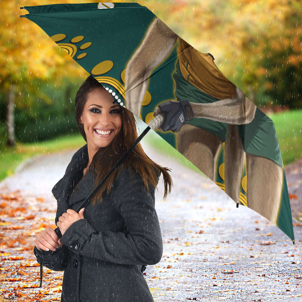 Personalized Kookaburras Field Hockey Kangaroo Umbrella Indigenous Australian Dot Art Style In Green And Gold