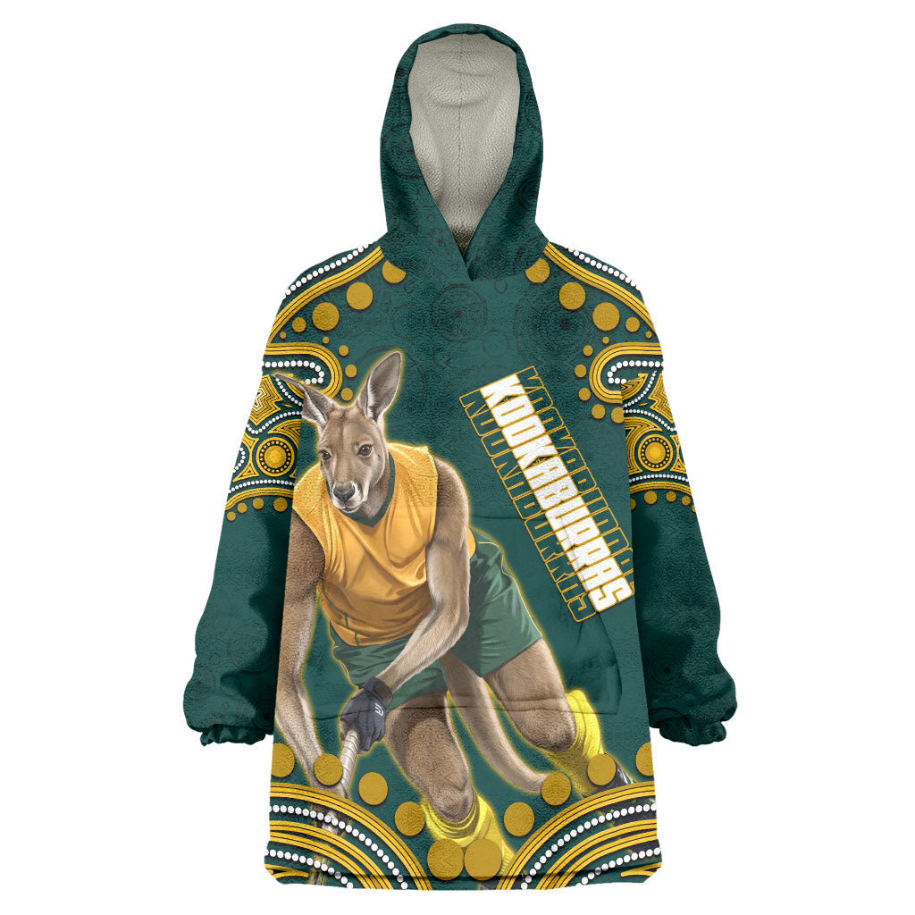 Personalized Kookaburras Field Hockey Kangaroo Wearable Blanket Hoodie Indigenous Australian Dot Art Style In Green And Gold