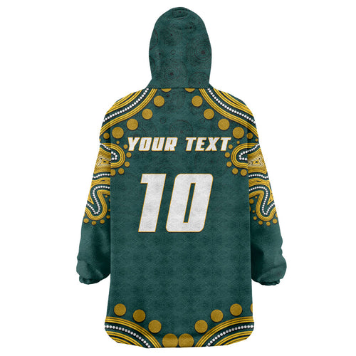 Personalized Kookaburras Field Hockey Kangaroo Wearable Blanket Hoodie Indigenous Australian Dot Art Style In Green And Gold