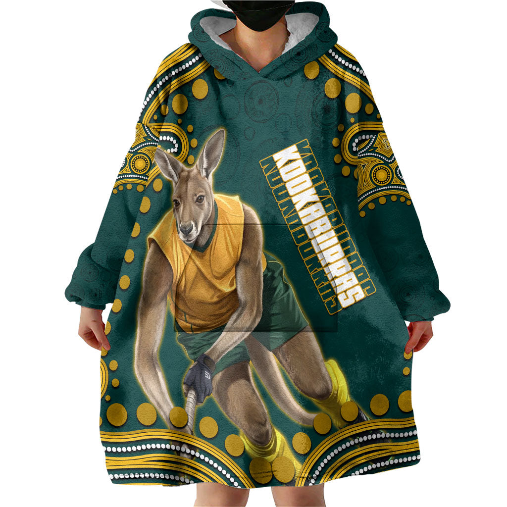 Personalized Kookaburras Field Hockey Kangaroo Wearable Blanket Hoodie Indigenous Australian Dot Art Style In Green And Gold