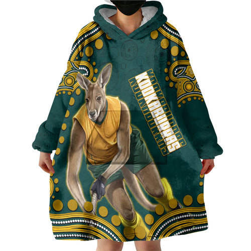 Personalized Kookaburras Field Hockey Kangaroo Wearable Blanket Hoodie Indigenous Australian Dot Art Style In Green And Gold