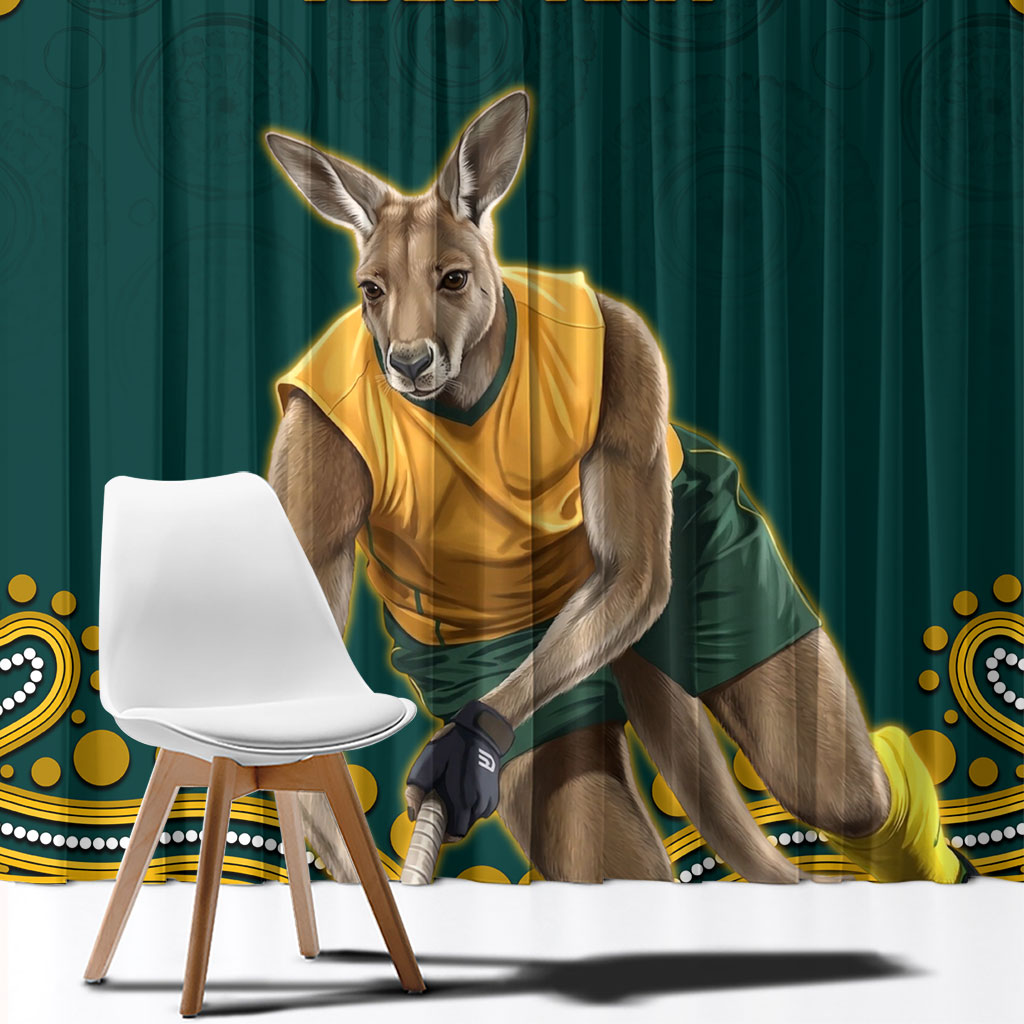 Personalized Kookaburras Field Hockey Kangaroo Window Curtain Indigenous Australian Dot Art Style In Green And Gold