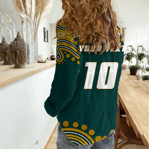 Personalized Kookaburras Field Hockey Kangaroo Women Casual Shirt Indigenous Australian Dot Art Style In Green And Gold