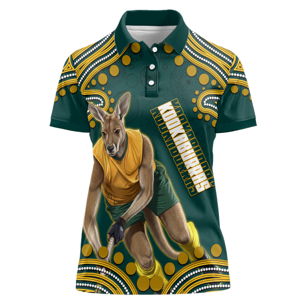 Personalized Kookaburras Field Hockey Kangaroo Women Polo Shirt Indigenous Australian Dot Art Style In Green And Gold