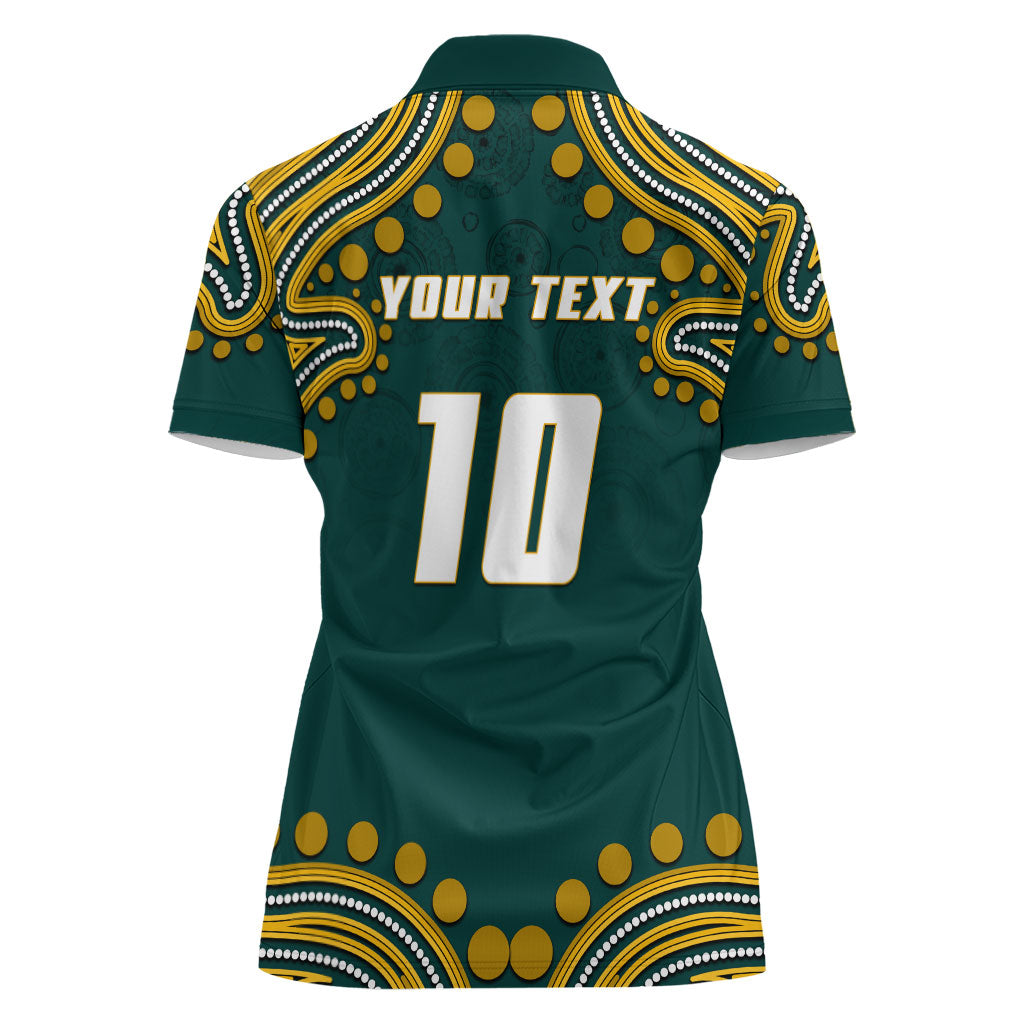 Personalized Kookaburras Field Hockey Kangaroo Women Polo Shirt Indigenous Australian Dot Art Style In Green And Gold