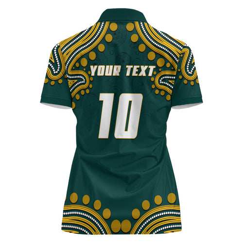 Personalized Kookaburras Field Hockey Kangaroo Women Polo Shirt Indigenous Australian Dot Art Style In Green And Gold
