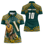 Personalized Kookaburras Field Hockey Kangaroo Women Polo Shirt Indigenous Australian Dot Art Style In Green And Gold