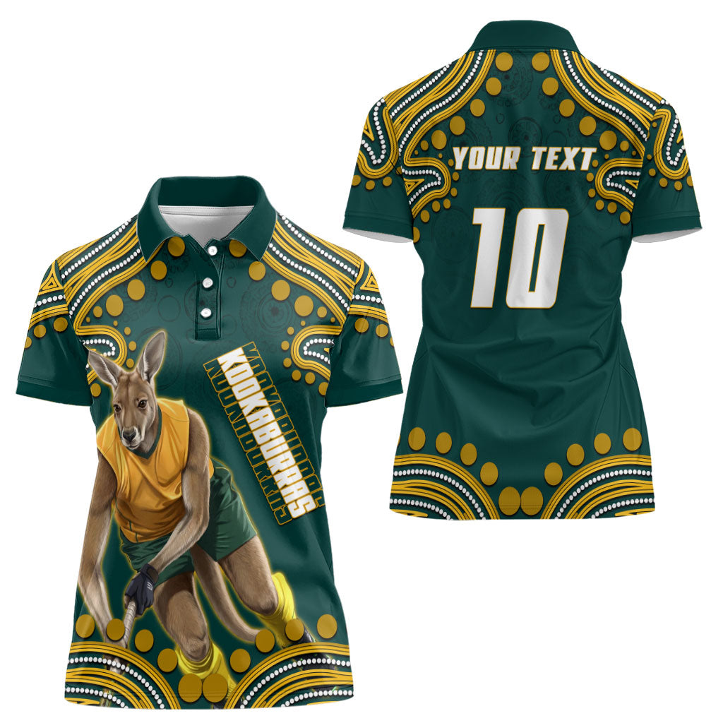 Personalized Kookaburras Field Hockey Kangaroo Women Polo Shirt Indigenous Australian Dot Art Style In Green And Gold