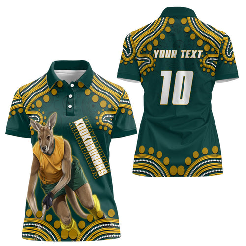 Personalized Kookaburras Field Hockey Kangaroo Women Polo Shirt Indigenous Australian Dot Art Style In Green And Gold