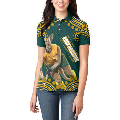 Personalized Kookaburras Field Hockey Kangaroo Women Polo Shirt Indigenous Australian Dot Art Style In Green And Gold