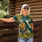 Personalized Kookaburras Field Hockey Kangaroo Women Polo Shirt Indigenous Australian Dot Art Style In Green And Gold
