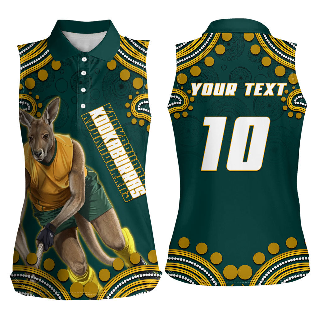 Personalized Kookaburras Field Hockey Kangaroo Women Sleeveless Polo Shirt Indigenous Australian Dot Art Style In Green And Gold