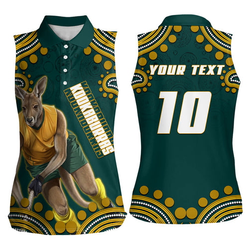 Personalized Kookaburras Field Hockey Kangaroo Women Sleeveless Polo Shirt Indigenous Australian Dot Art Style In Green And Gold
