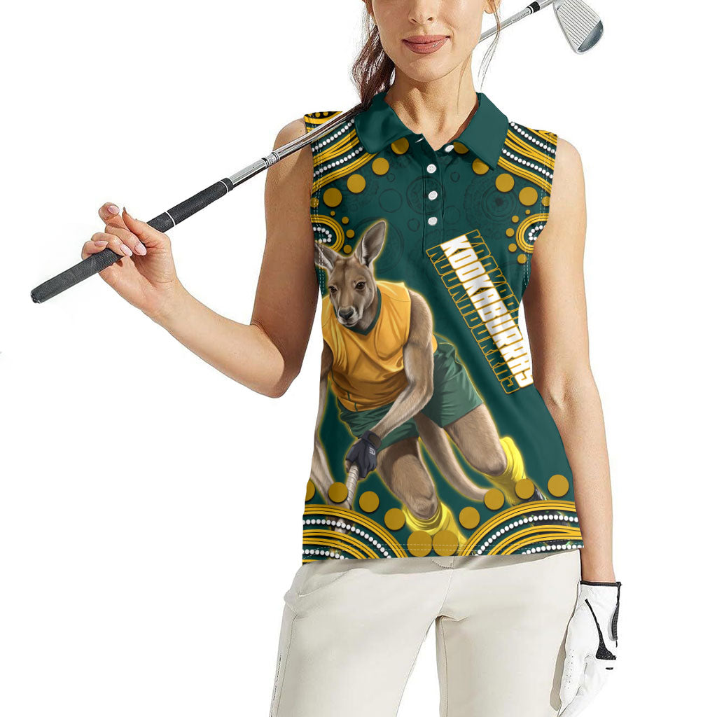 Personalized Kookaburras Field Hockey Kangaroo Women Sleeveless Polo Shirt Indigenous Australian Dot Art Style In Green And Gold