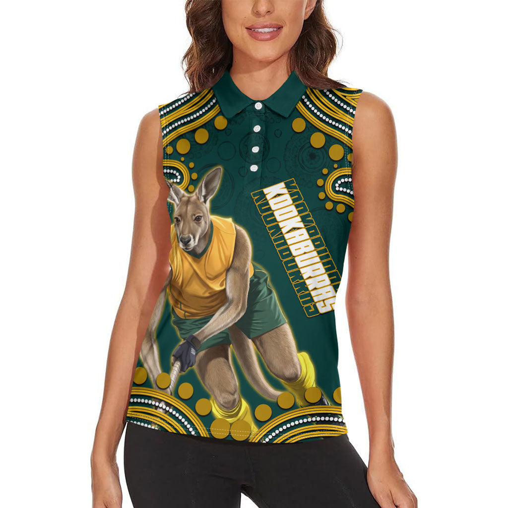 Personalized Kookaburras Field Hockey Kangaroo Women Sleeveless Polo Shirt Indigenous Australian Dot Art Style In Green And Gold