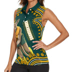 Personalized Kookaburras Field Hockey Kangaroo Women Sleeveless Polo Shirt Indigenous Australian Dot Art Style In Green And Gold