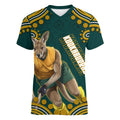 Personalized Kookaburras Field Hockey Kangaroo Women V-Neck T-Shirt Indigenous Australian Dot Art Style In Green And Gold