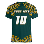 Personalized Kookaburras Field Hockey Kangaroo Women V-Neck T-Shirt Indigenous Australian Dot Art Style In Green And Gold