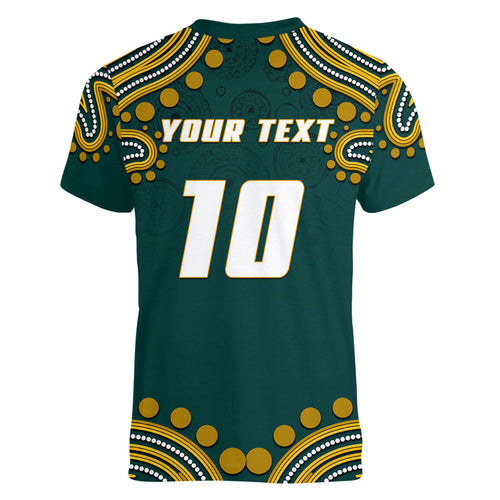 Personalized Kookaburras Field Hockey Kangaroo Women V-Neck T-Shirt Indigenous Australian Dot Art Style In Green And Gold