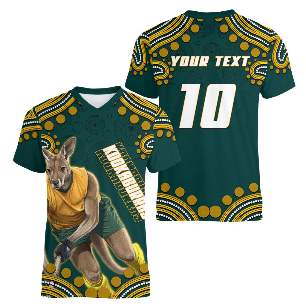 Personalized Kookaburras Field Hockey Kangaroo Women V-Neck T-Shirt Indigenous Australian Dot Art Style In Green And Gold