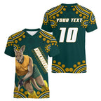 Personalized Kookaburras Field Hockey Kangaroo Women V-Neck T-Shirt Indigenous Australian Dot Art Style In Green And Gold