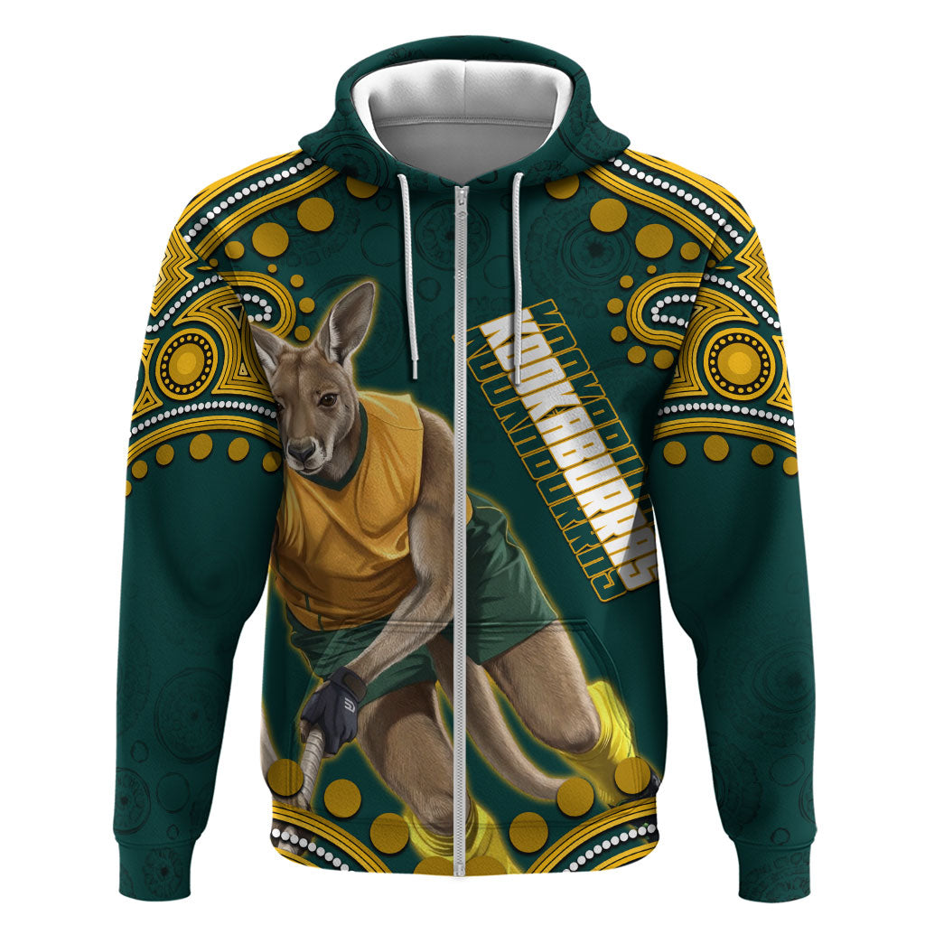 Personalized Kookaburras Field Hockey Kangaroo Zip Hoodie Indigenous Australian Dot Art Style In Green And Gold