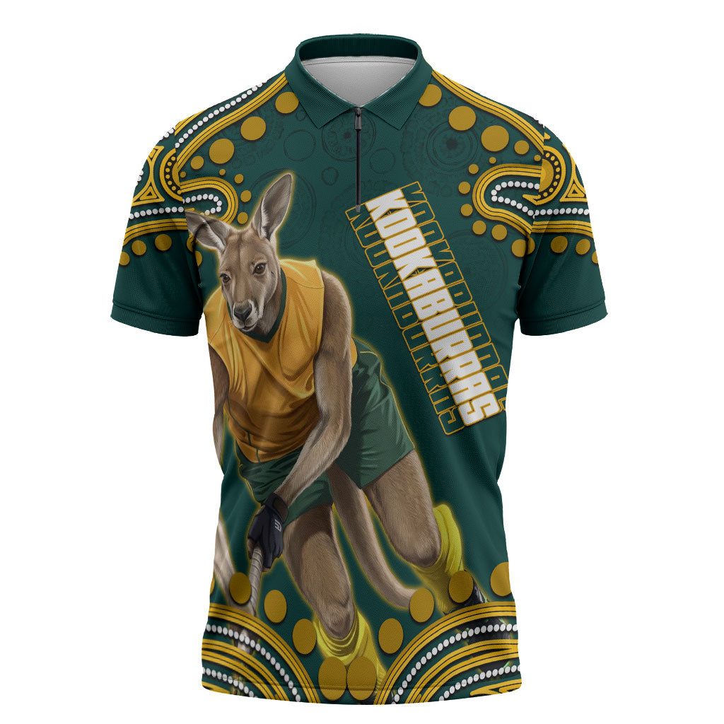 Personalized Kookaburras Field Hockey Kangaroo Zipper Polo Shirt Indigenous Australian Dot Art Style In Green And Gold
